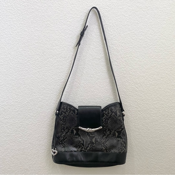 Vintage BRIGHTON Black Snakeskin Leather Adjustable Strap Shoulder Bag - Picture 3 of 16